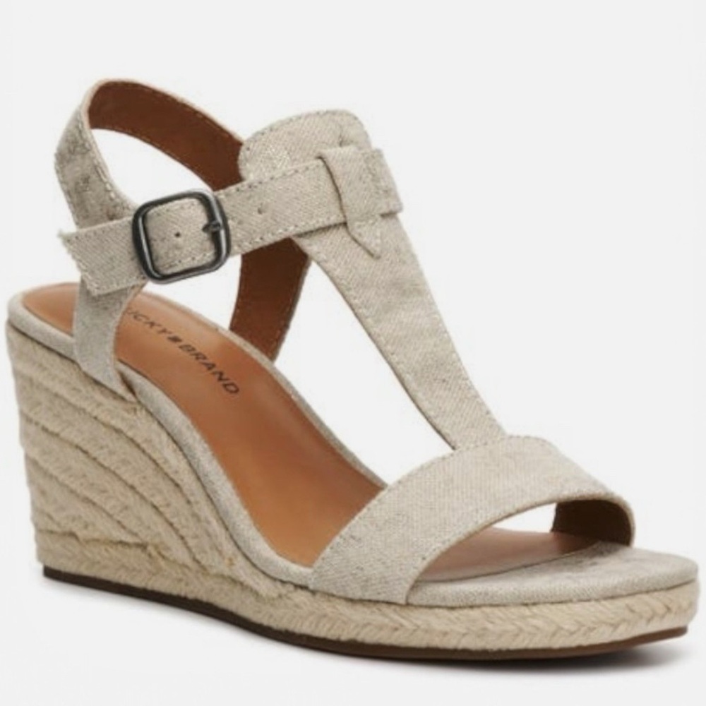 NEW Lucky Brand Millinda Espadrille Wedge Sandals 8M Metallic Tan Beige